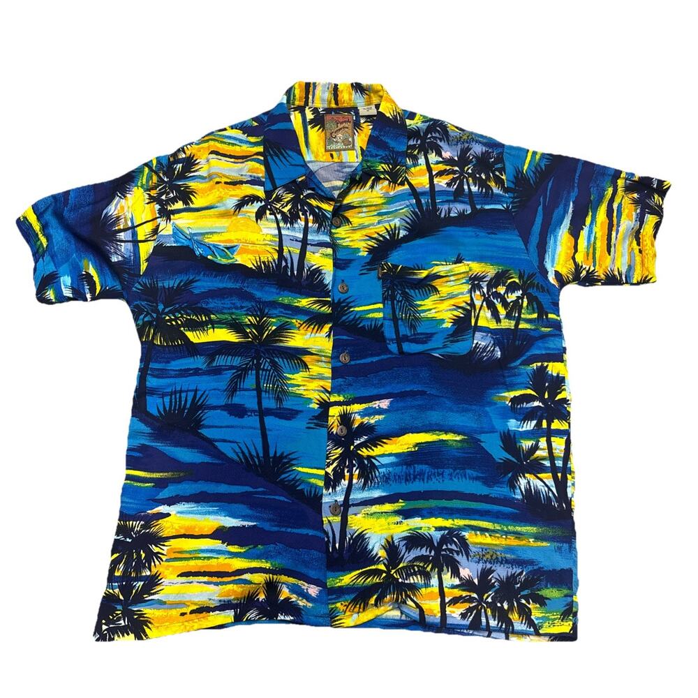Pineapple Connection Hawaiian Shirt Men Medium Blue Yellow Palm Tree Button-Up
